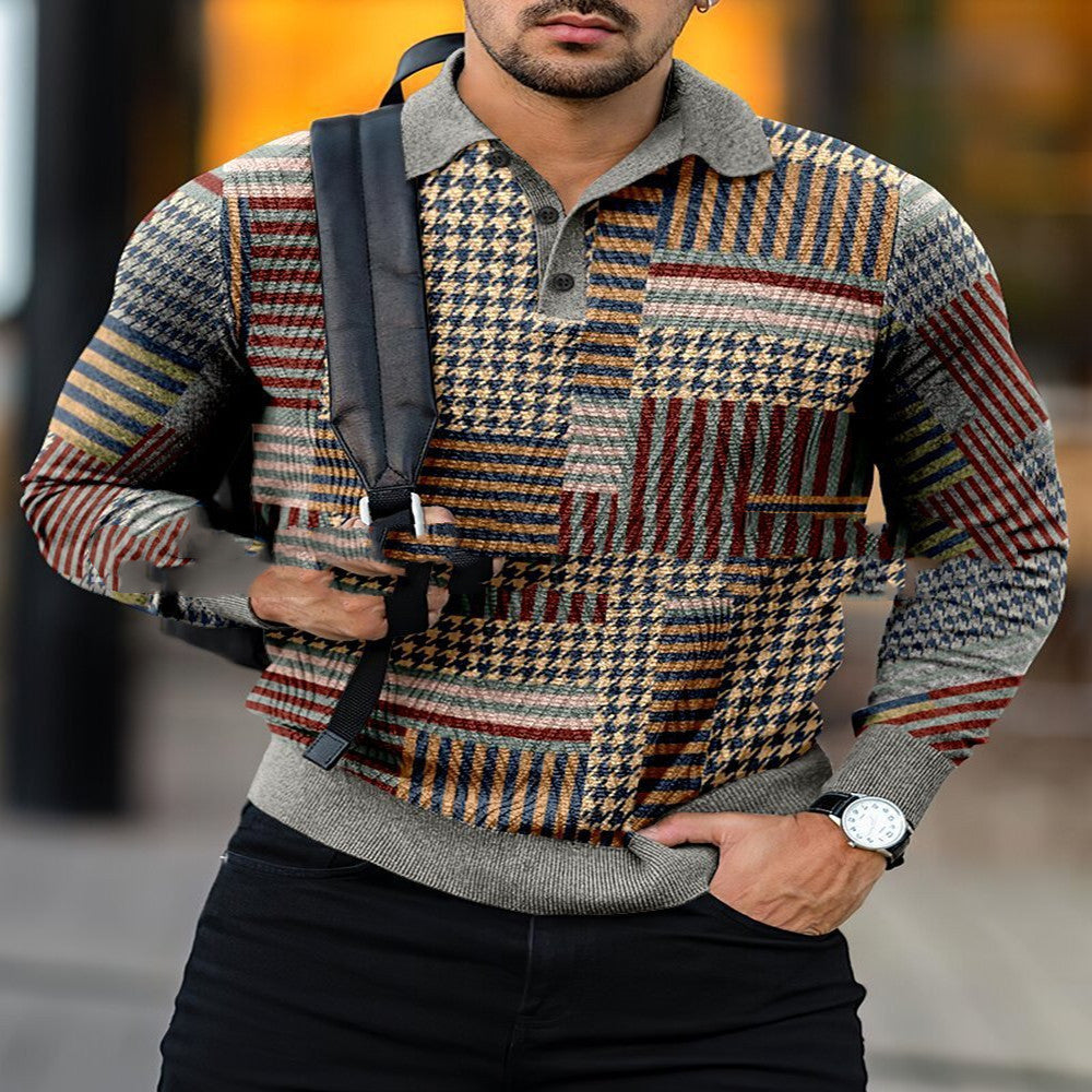 New Long Sleeve 3D Stripe Lapel Comfortable Casual Men's Fashion Polo Shirt